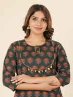 Aramya Straight Soft Cotton Ajrakh Print Women's Kurta Set - Green | Grocsy