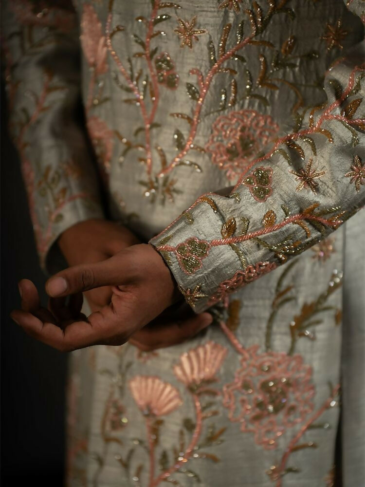 Pastel Green Hand Embroidered Indowestern Sherwani by Hilo Design | Grocsy