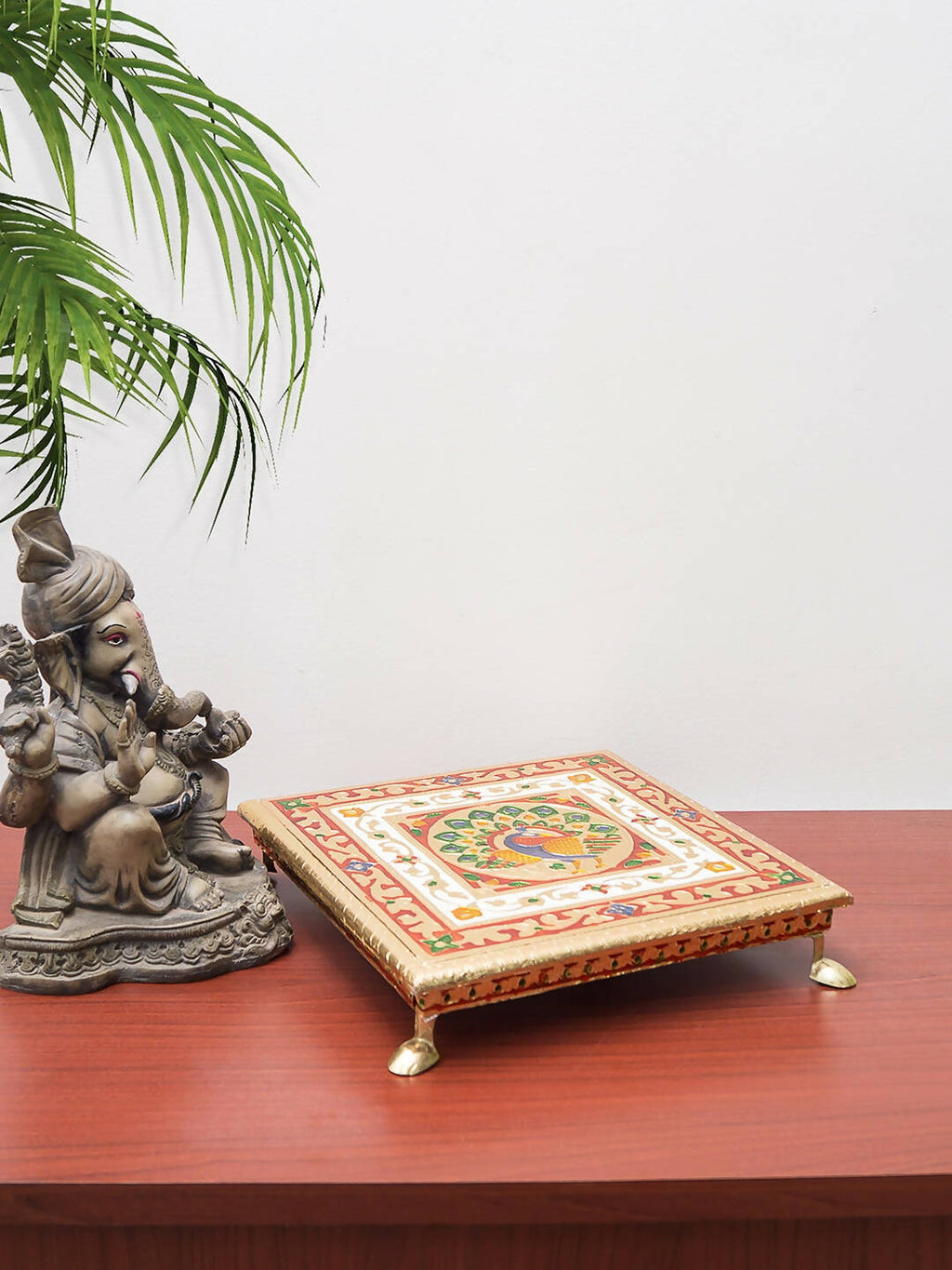 Golden Peacock Gold-Toned & Red Handcrafted Minakari Peacock Design Wooden Chowki | Grocsy