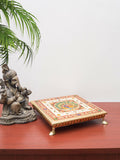 Golden Peacock Gold-Toned & Red Handcrafted Minakari Peacock Design Wooden Chowki | Grocsy