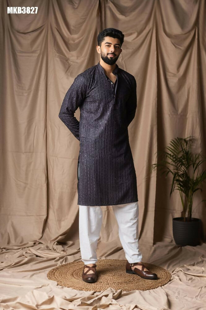 Dark Grey Rayon Thread Embroidery Work Kurta Set - Mahotsav | Grocsy