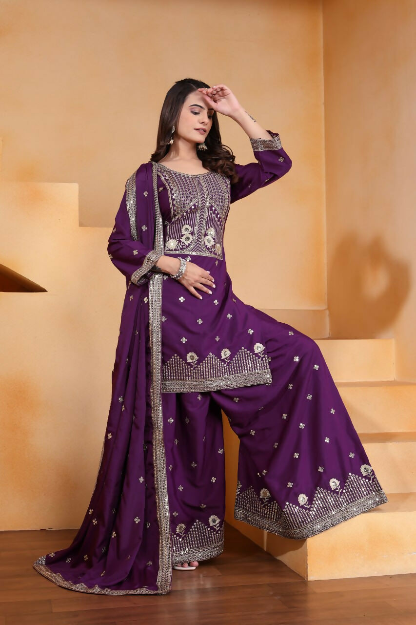 Joban Fashion Wine Crepe Embroidered Sharara Set | Grocsy