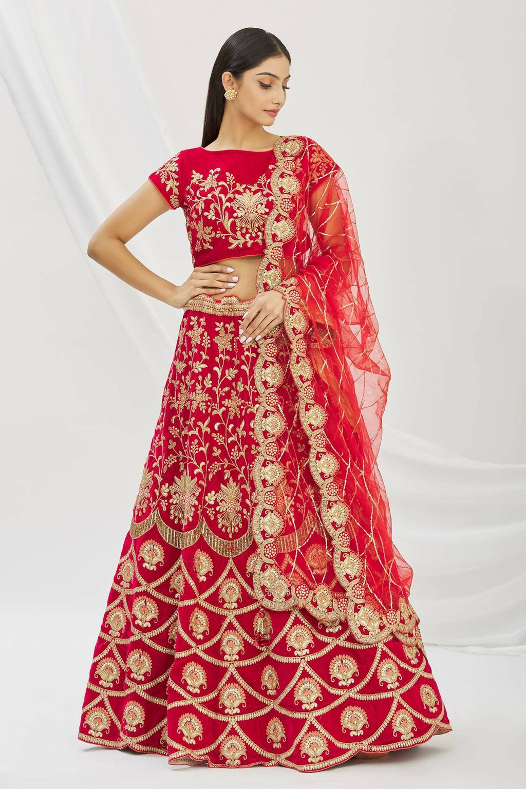Red Velvet Semi-Stitched Wedding Bridal Lehenga - Nimaya | Grocsy