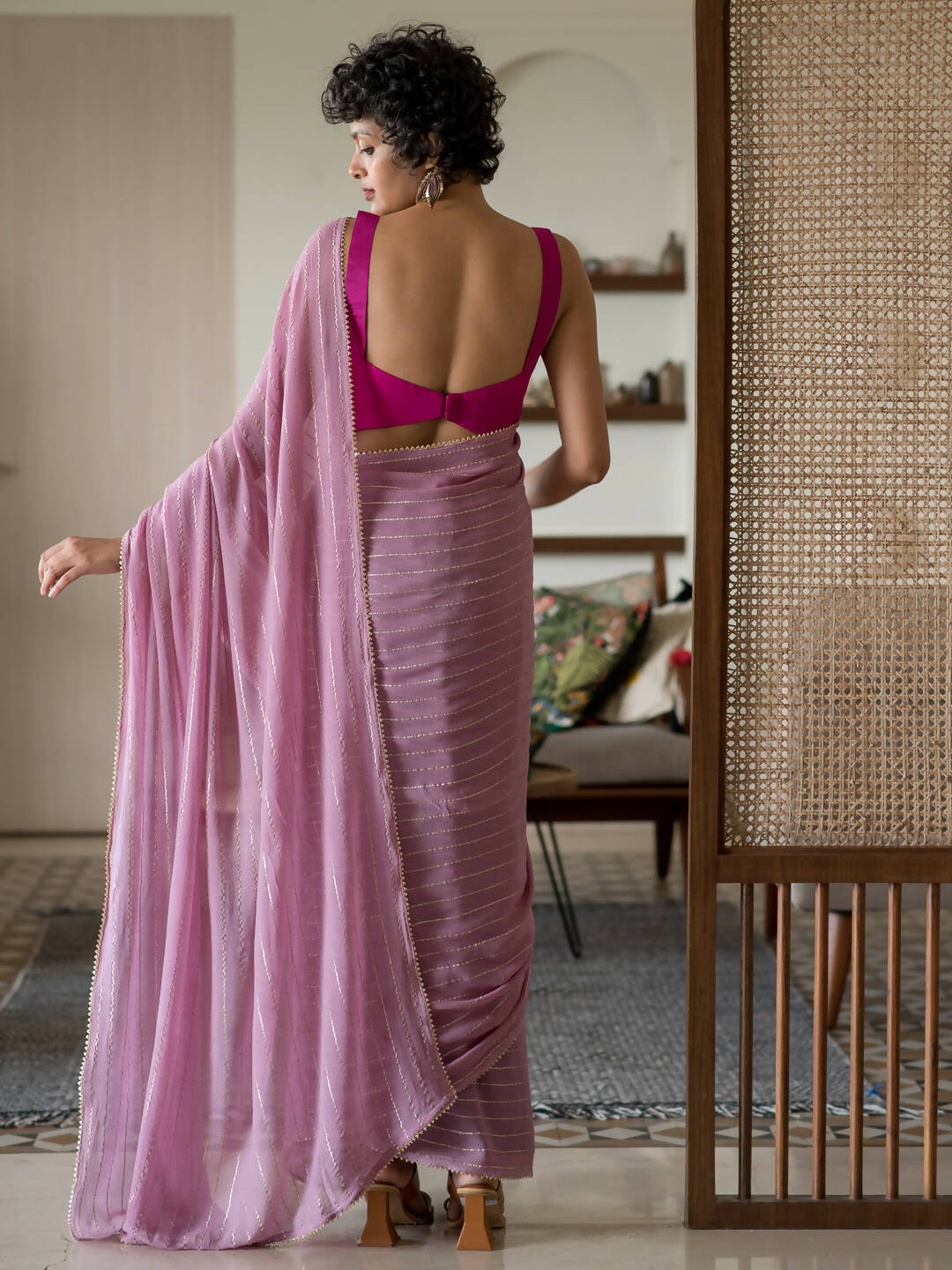 Suta Pink Striped Cotton Blend Saree | Grocsy