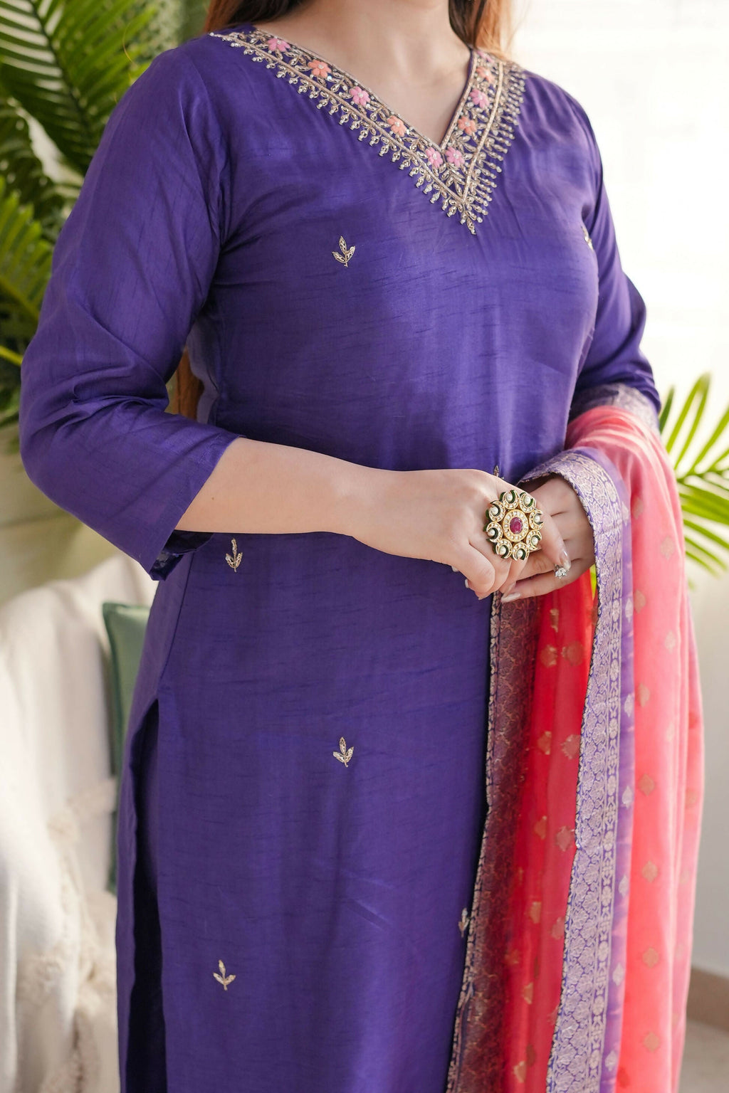 The52 Purple Women's Gorgeous Embroidered Vichitra Fabric Straight Kurta Pant with Dupatta Set | Grocsy