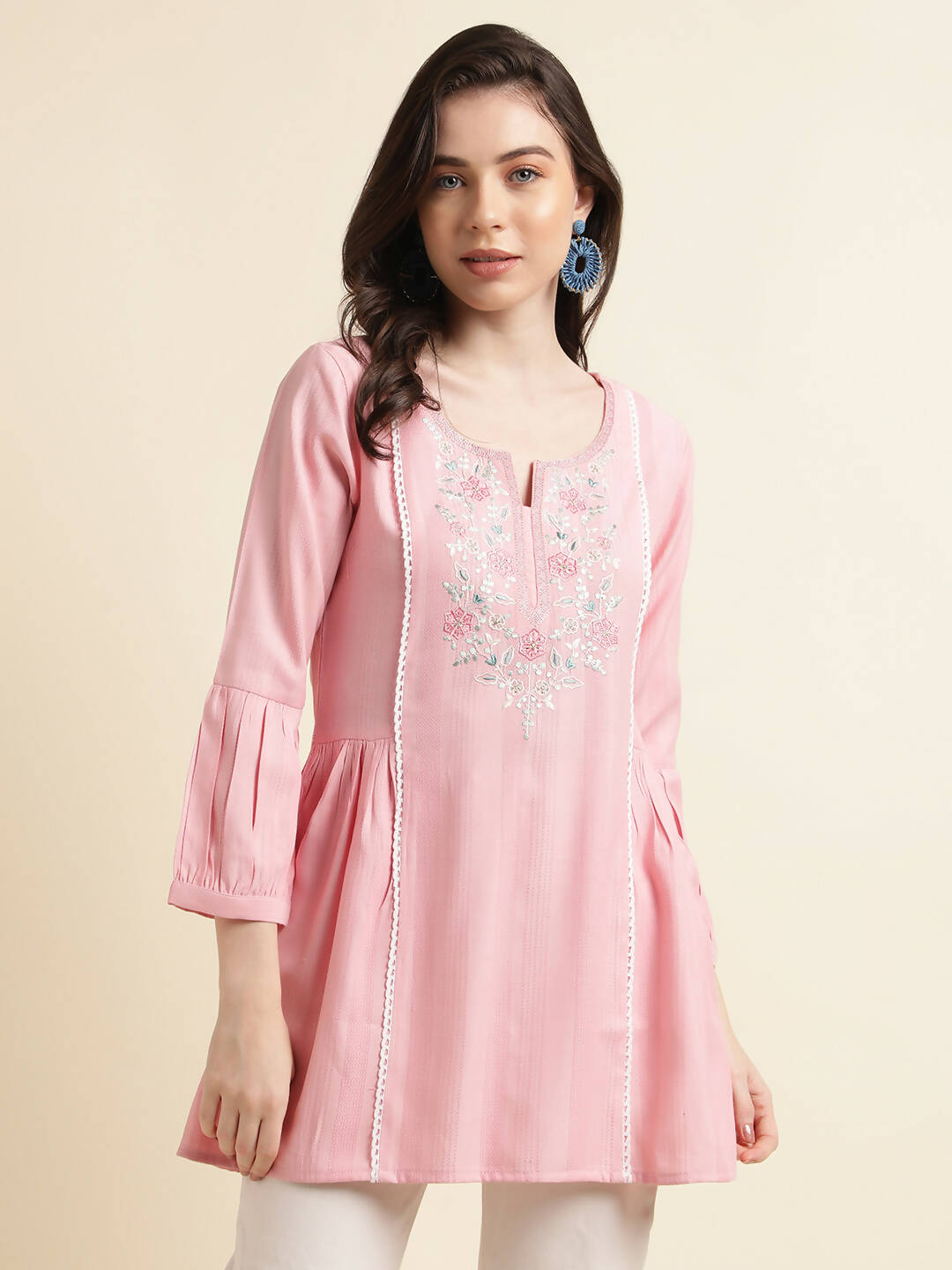 Pink Viscose Rayon Yoke Embroidered A-line Top - Tarini | Grocsy