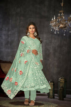 Jyoti Fashion Women's Sea Green Net Embroidered Anarkali Kurta Pant Set With Dupatta | Grocsy