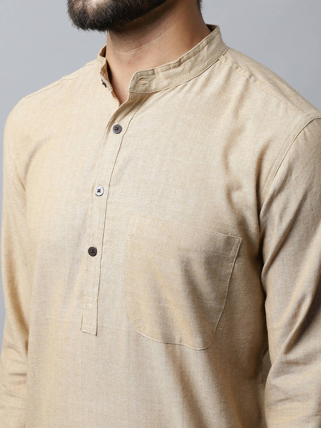 Even Apparels Beige Color Pure Cotton Men's Kurta With Band Collar (SLD1196) | Grocsy