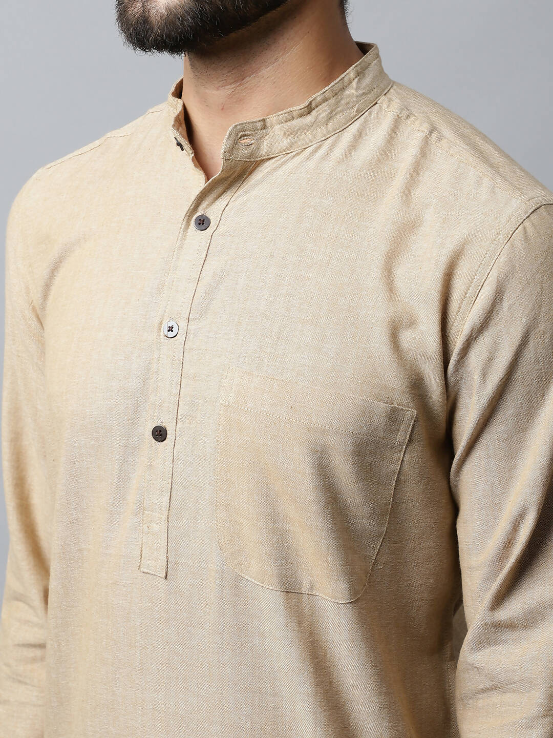 Even Apparels Beige Color Pure Cotton Men's Kurta With Band Collar (SLD1196) | Grocsy
