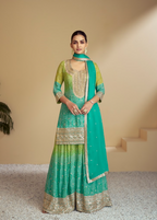 Vastranavya Turquoise Chinon Bandhini Print with Embroidery & Mirror or Jharkhan work Sharara Suit | Grocsy
