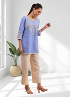 Joban Fashion Sky Blue Cotton, Linen Embroidered Readymade Tunic | Grocsy