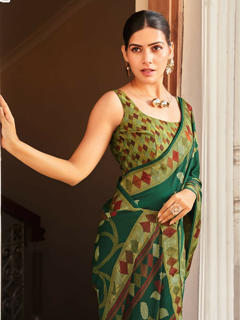 Monjolika Fashion Silk Blend Green Printed Saree | Grocsy