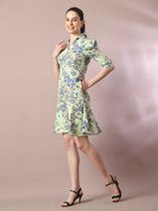 Myshka Women's Green Printed Shirt Collar Fit and Flare Party Dress | Grocsy