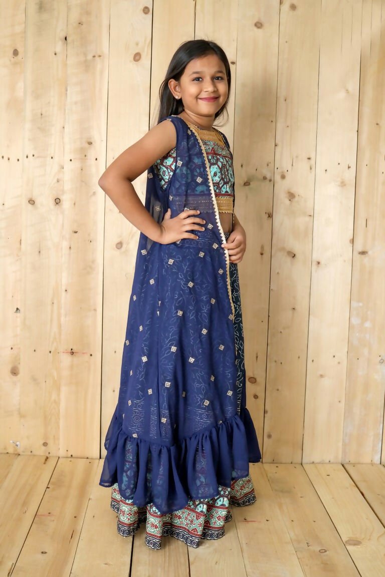 Aayaa Designer Printed Silk Embroidery Kids Lehenga Choli - Blue | Grocsy