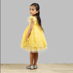Pink Cow Fashions Yellow Dress With Net Layer At Bottom & Frill Sleeves | Grocsy