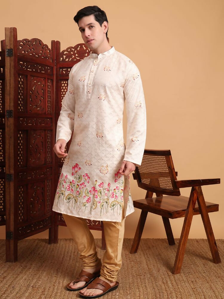 Cream Cotton Printed Chikankari Embroidery Work Kurta - Mahotsav | Grocsy