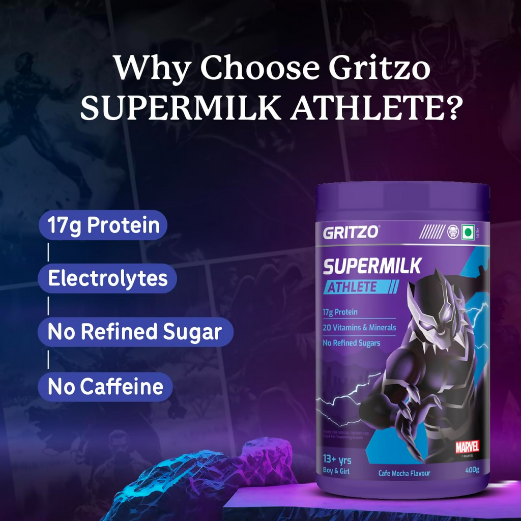 Gritzo SuperMilk Athlete Black Panther (13+y Boy & Girl), 17g Protein Powder (Cafe Mocha) | Grocsy