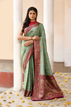 Joban Fashion Aqua Crepe Chiffon Pure Handloom Banarasi Silk Saree | Grocsy