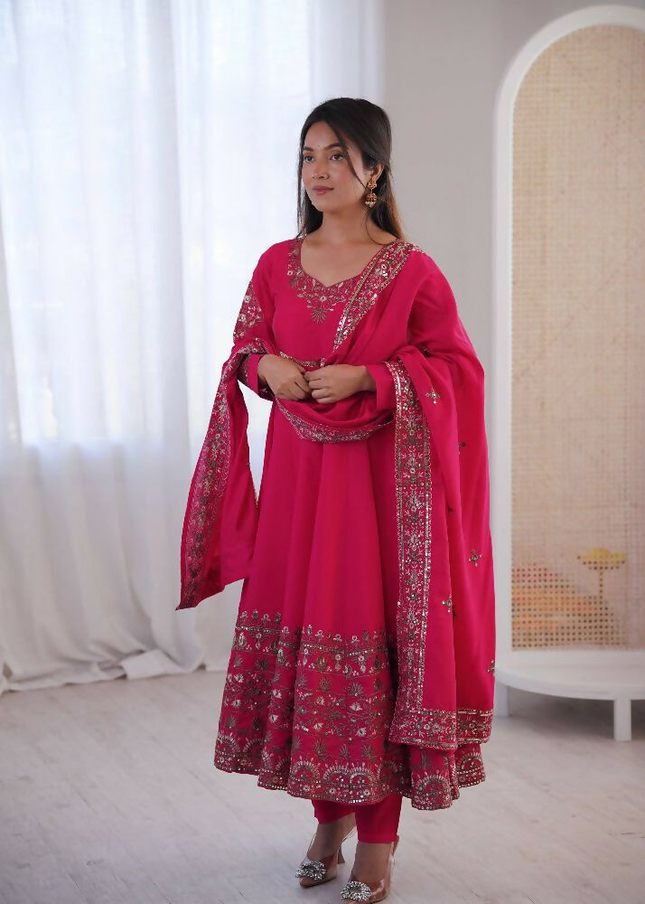 Teeya Creation Pink Roman Silk Embroidery Work Party Wear long Gown | Grocsy