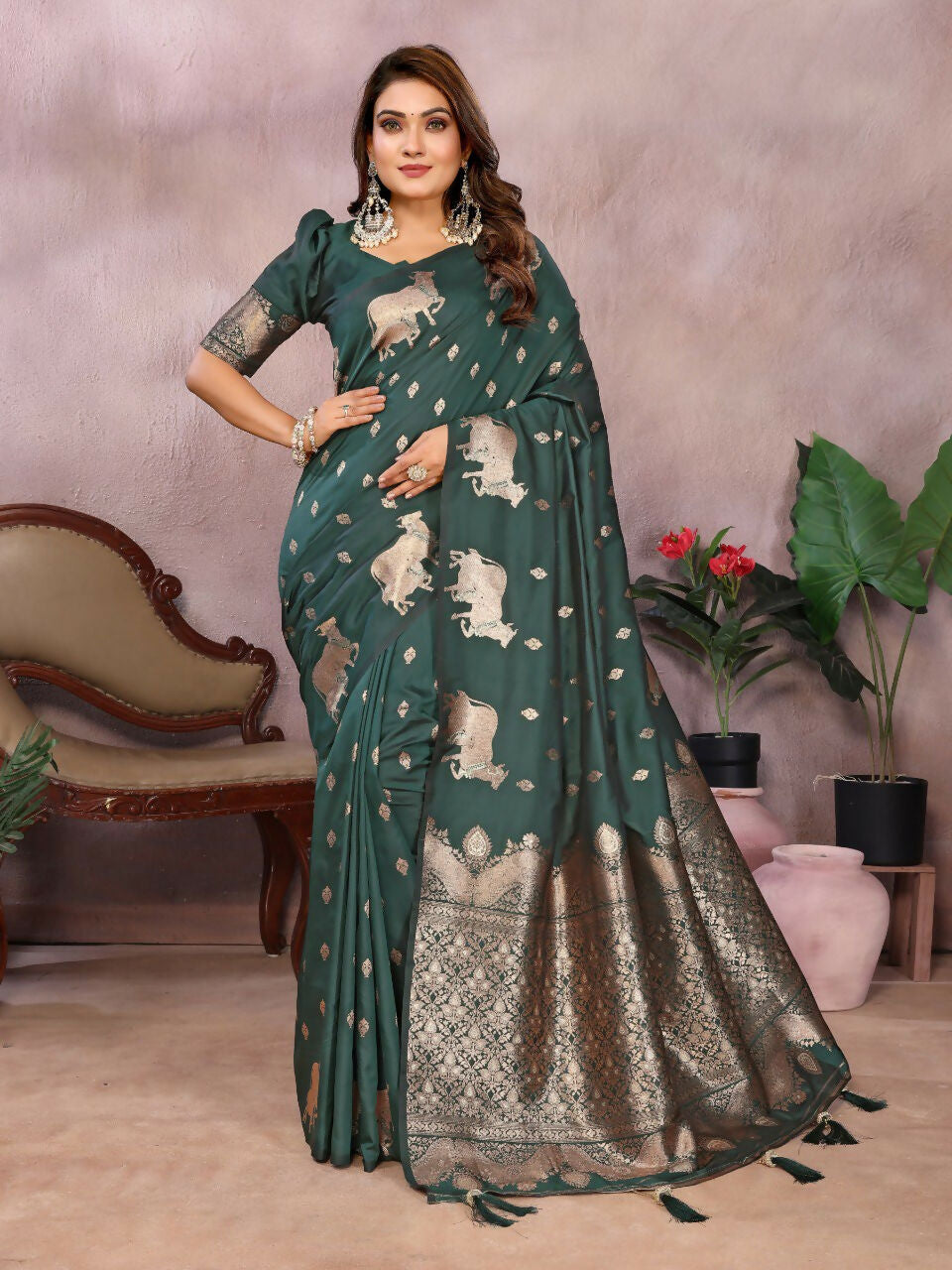 Anaita Dark Green Premium Banarasi Tissue Silk Saree With Gala Weaving Work | Grocsy