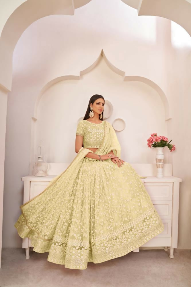 Aastha Fashion Lemon Yellow Butterfly Net White Cotton Thread Work, Zari Work And Sandwich Sequence Work Embroidery Wedding Wear Lehenga Choli | Grocsy
