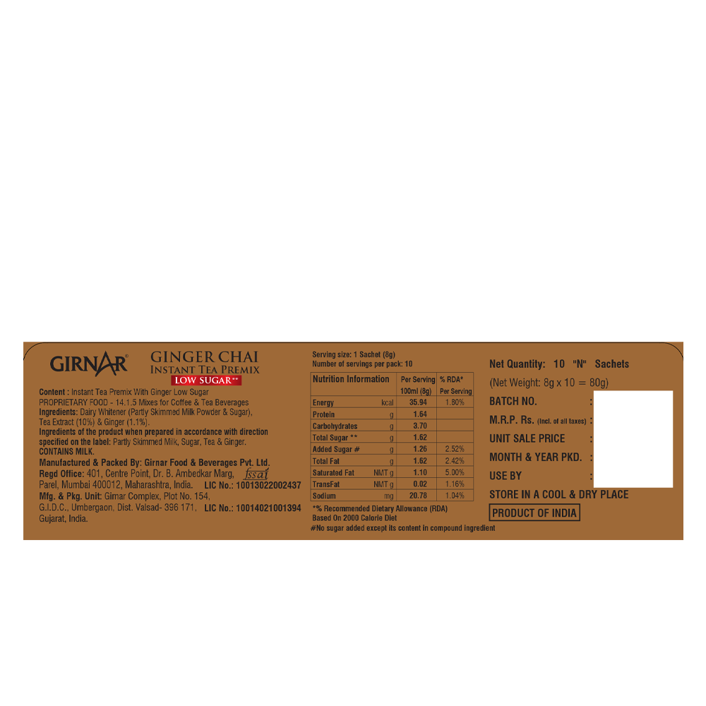 Girnar Instant Tea Premix With Ginger (Low Sugar) | Grocsy