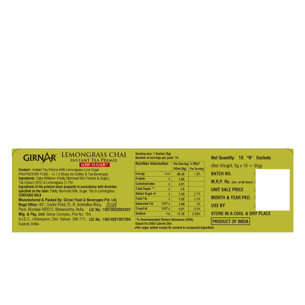 Girnar Instant Tea Premix With Lemongrass (Low Sugar) | Grocsy