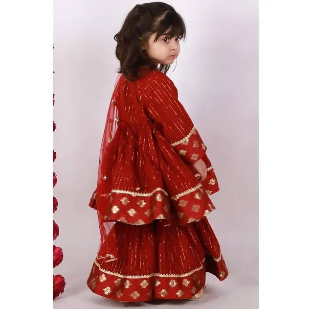 Little Bansi Girls Maroon Color Brocade patch work Kurta Frock with Sharara and Dupatta | Grocsy