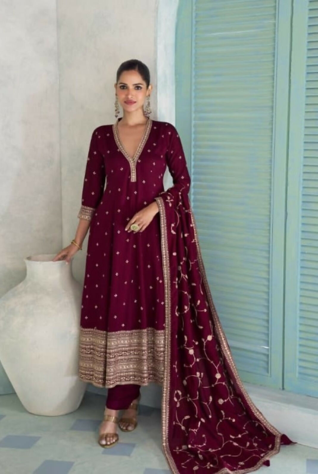 Anaita Maroon Chinon Anarkali Suit with Embroidery Sequins Work | Grocsy