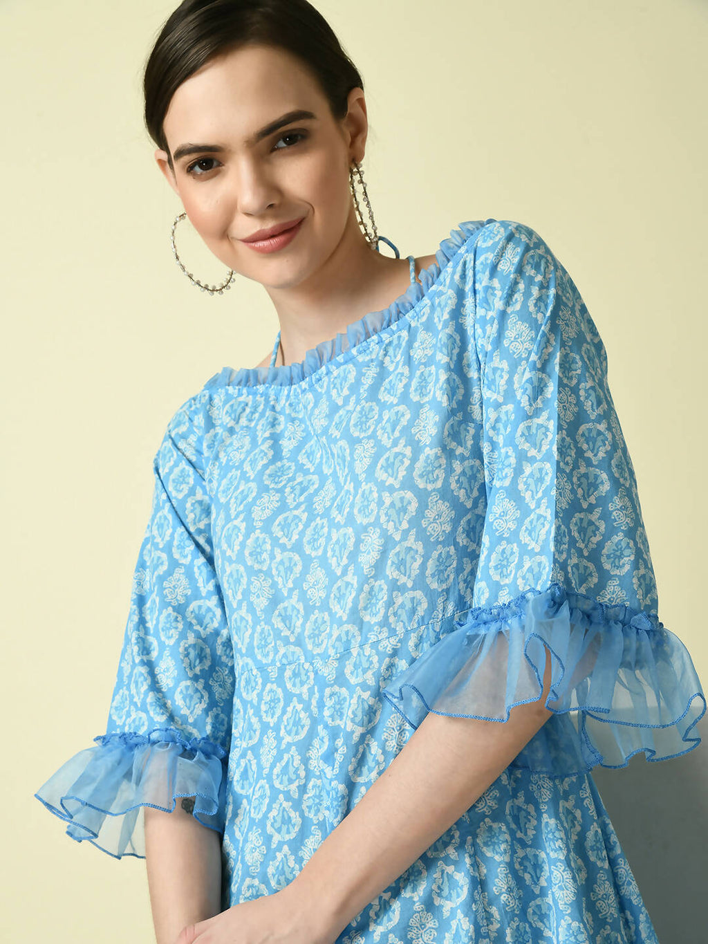 Myshka Women's Blue Empire Printed Dress | Grocsy