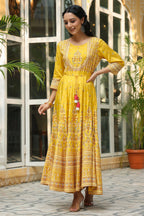 Juniper Women's Mustard Viscose Shantoon Festive Printed Flared Dress | Grocsy