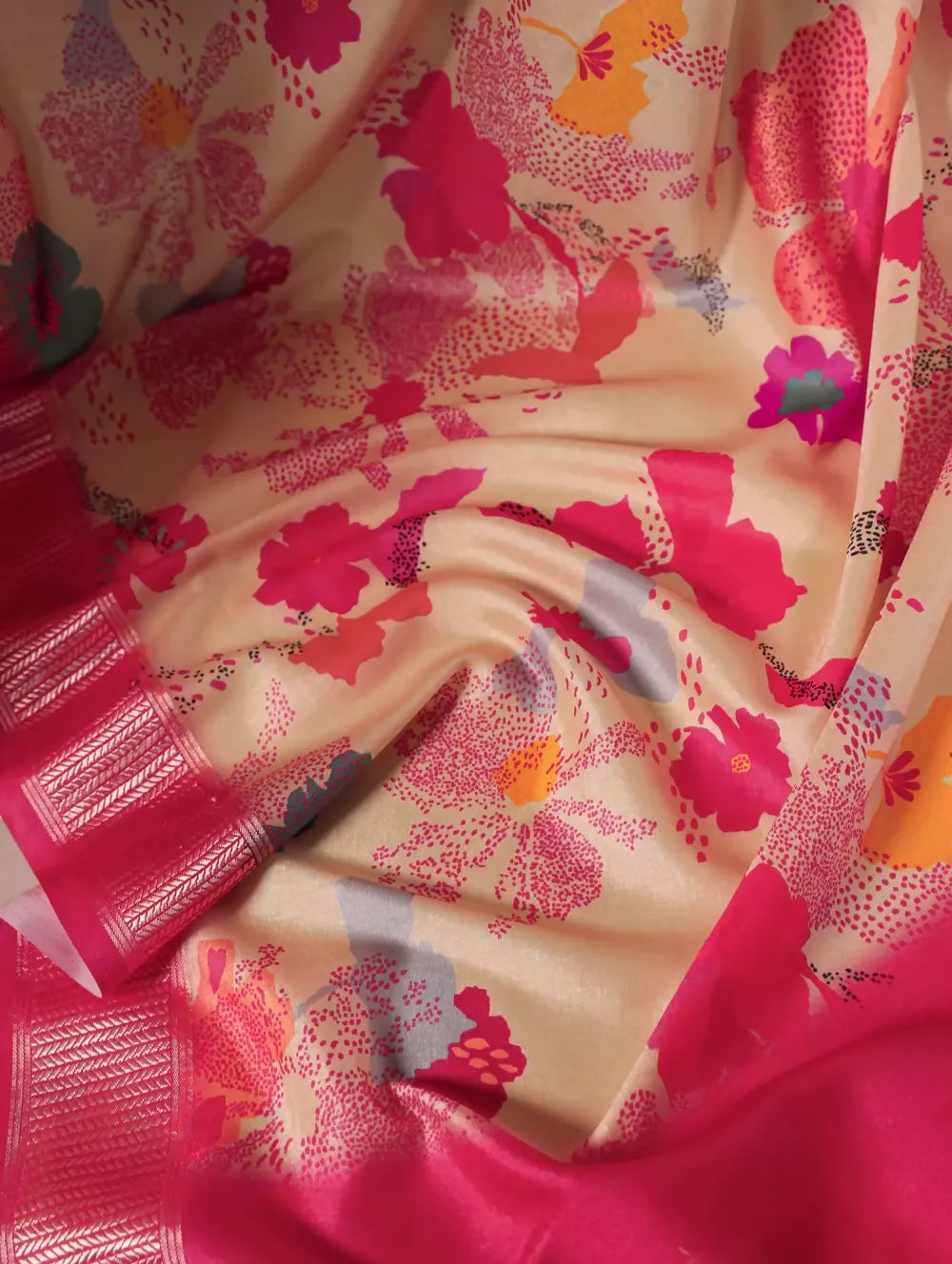 Vastranavya Cream Tussar Silk Printed with Viscose Border Saree with Unstitched Blouse | Grocsy