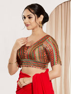 Joban Fashion Red Multi Brocade Padded Blouse With V Neck Elbow Sleeves | Grocsy