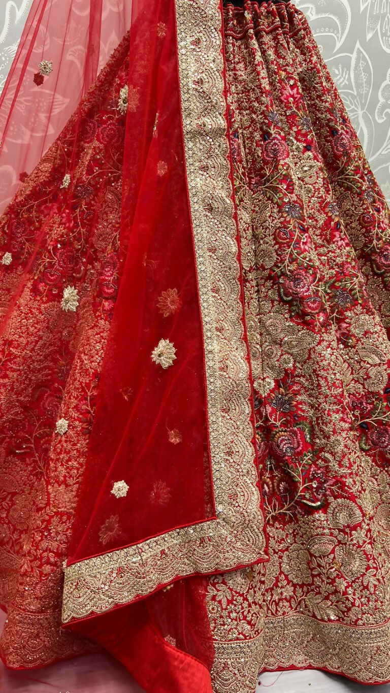 Jyoti Fashion Women's Red Silk Fancy Dori & Sequins Multi Thread Embroidered with Diamond Work Wedding Lehenga Choli | Grocsy