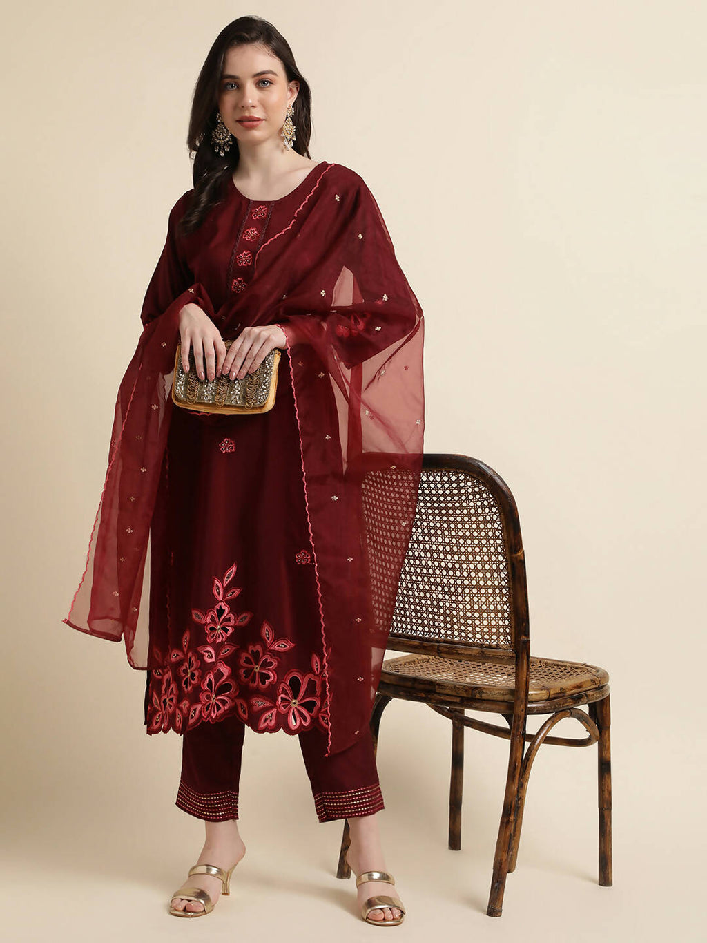 Maroon Chinon Silk Embroidered Straight Kurta with Trouser & Dupatta - Salimar | Grocsy