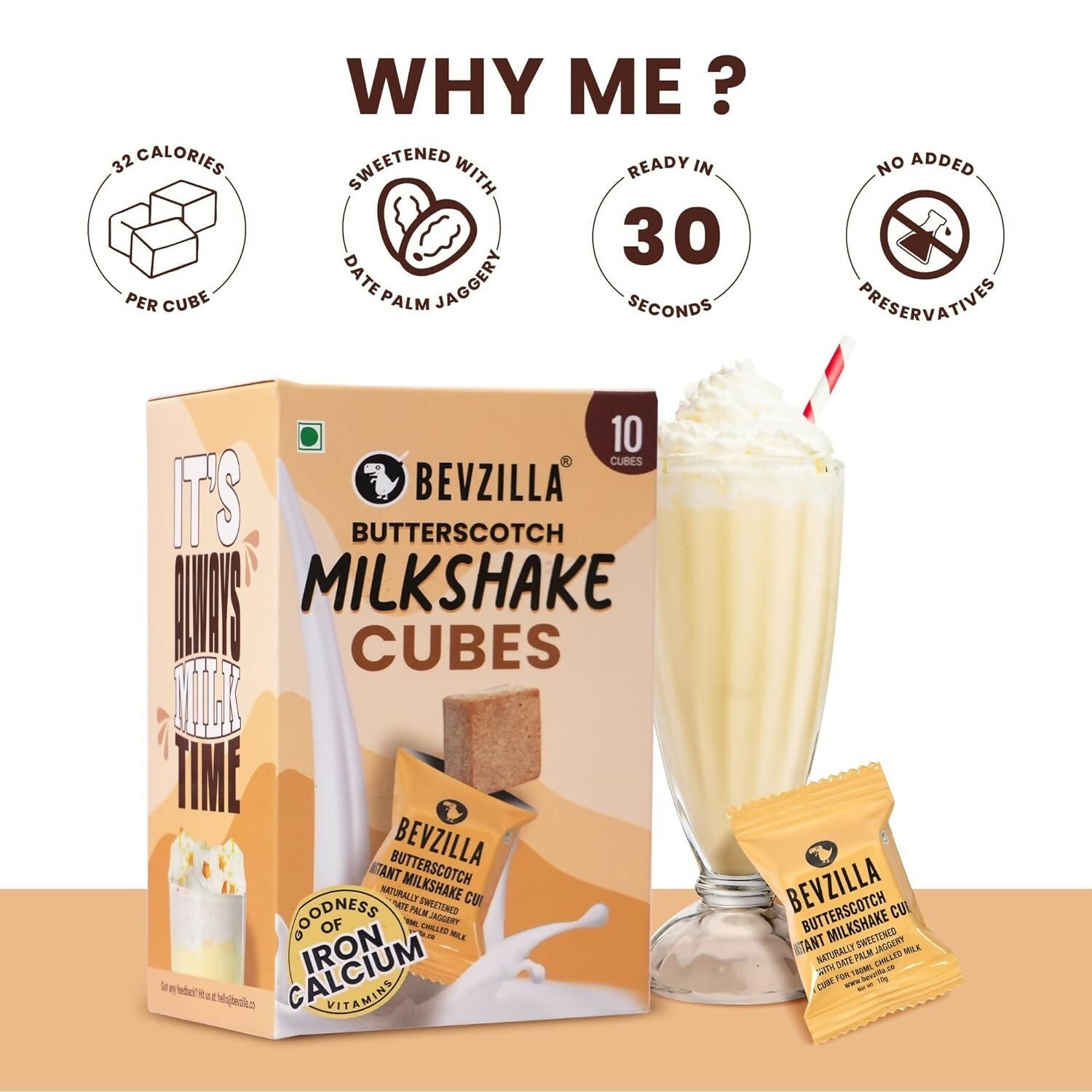 Bevzilla Butterscotch Instant Milkshake Cubes with Organic Date Palm Jaggery | Grocsy