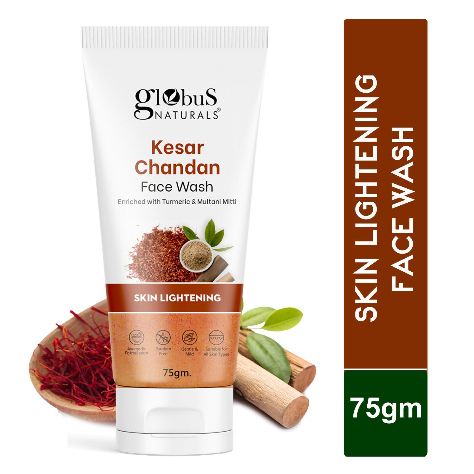 Globus Naturals Kesar Chandan Skin Lightening & Tan Removal Face wash, Suitable For All Skin Types | Grocsy