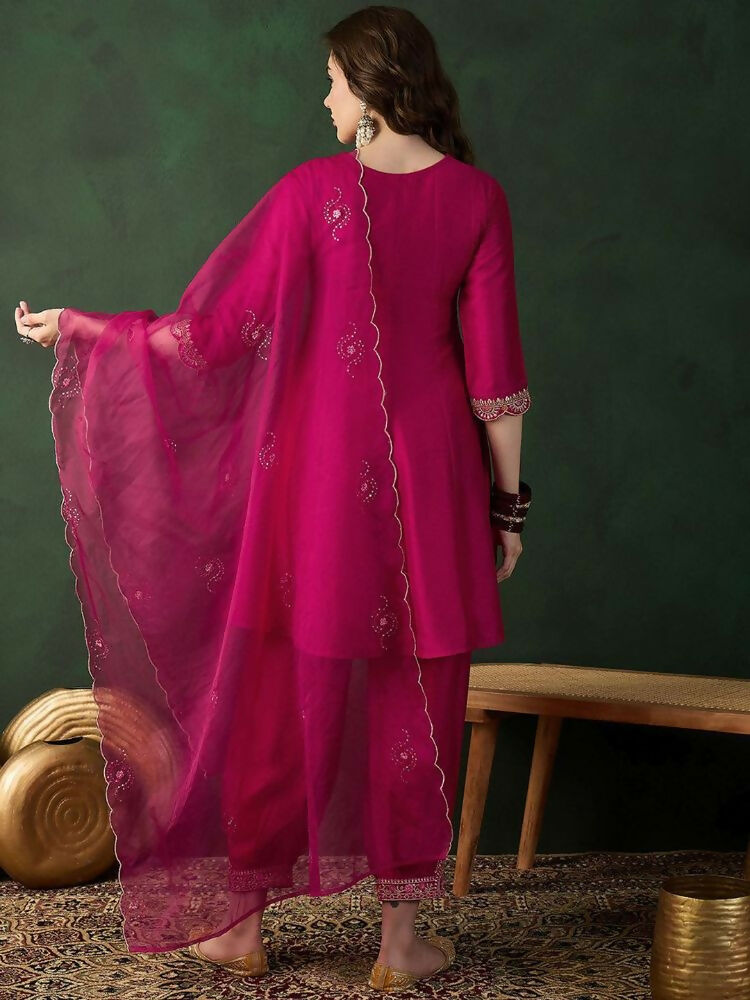 The52 Women's Beautiful Embroidery Work Vichitra Fabric A-line Kurta Pant and Dupatta Set | Grocsy