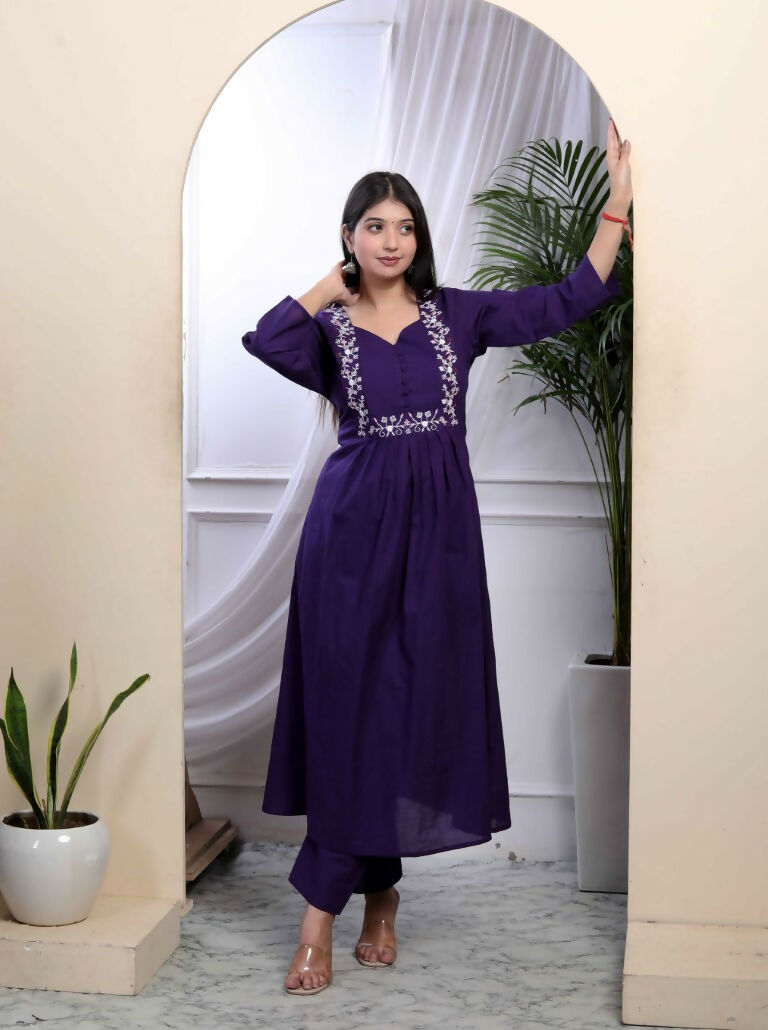 Miravan Women's Purple Embroidered Sweetheart Neck & Accordion Pleated Solid A-Line Kurta And Palazzo Set | Grocsy