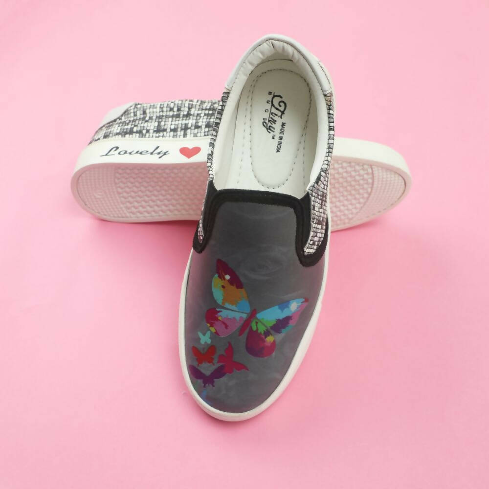 Tiny Bugs Girls Butterfly Print Slip Ons Sneakers - Dark Grey | Grocsy