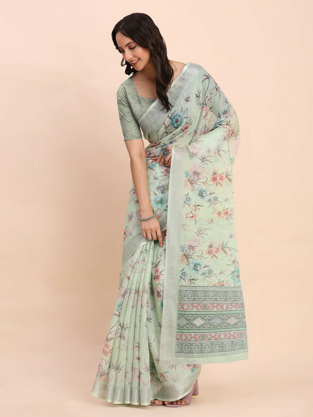 Shree Shyam Fashion Linen Cotton Light Green Saree | Grocsy