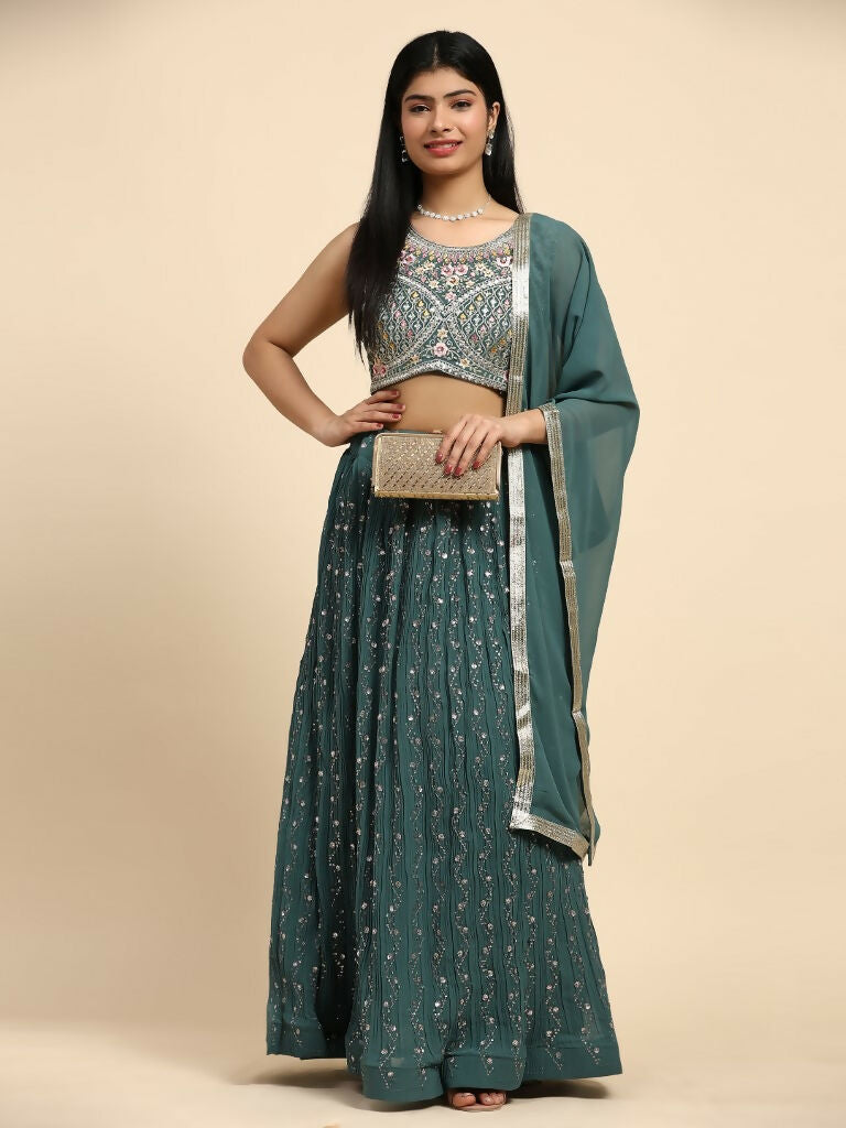 Green Georgette Embroidered Lehenga choli with Dupatta - Dhara | Grocsy