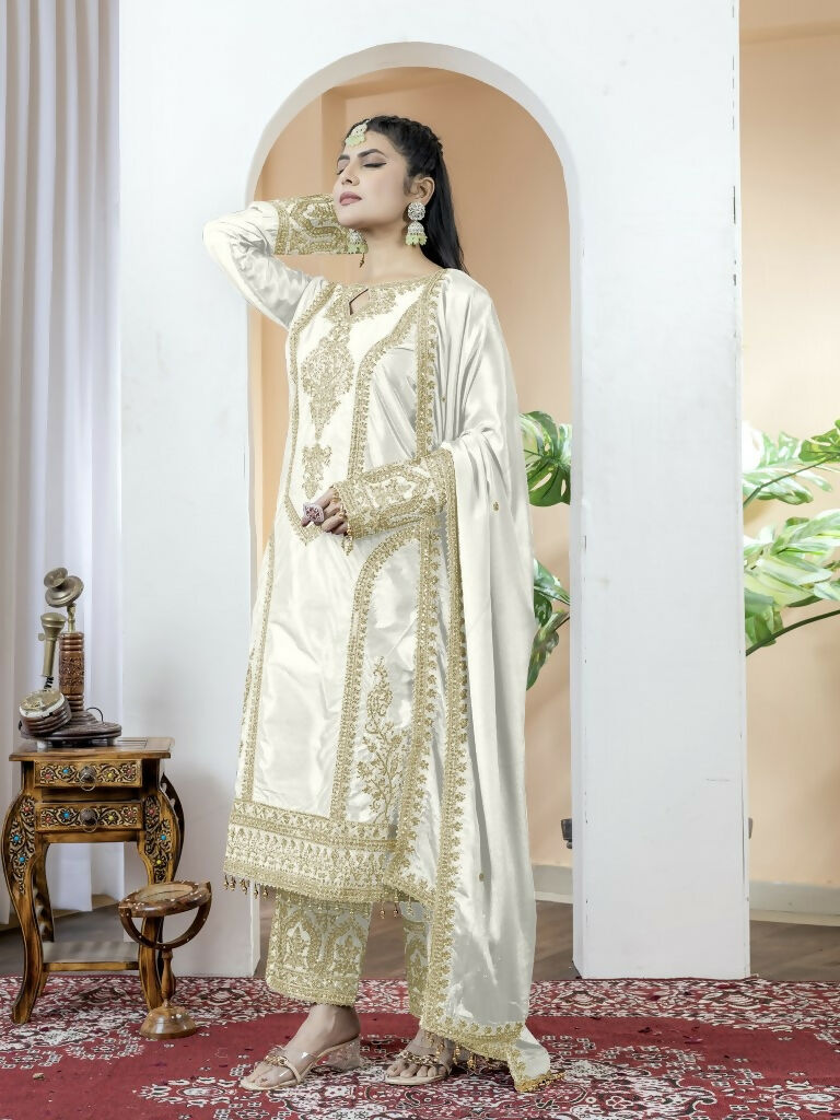 Teeya Creation White Color Chinnon Silk Embroidery Work Fully Stitched Salwar Suit | Grocsy