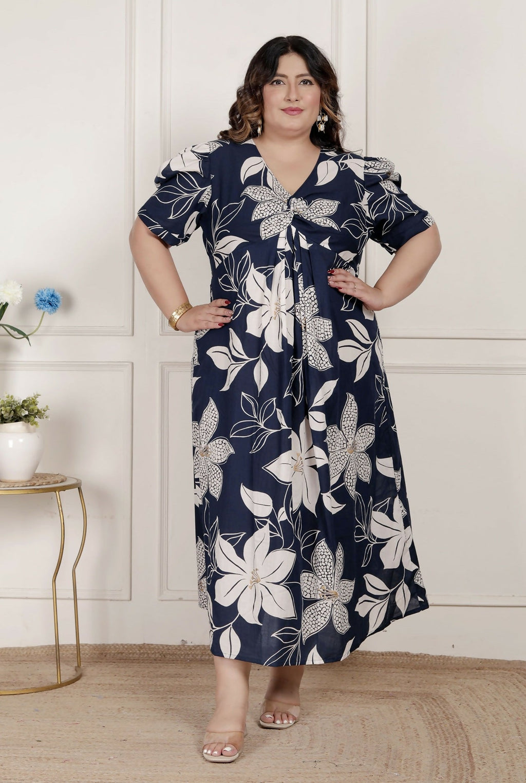Miravan Womens Plus Size Blue Flower Printed Puff Sleeve Cotton Butterfly Maxi Dress | Grocsy