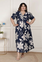 Miravan Womens Plus Size Blue Flower Printed Puff Sleeve Cotton Butterfly Maxi Dress | Grocsy
