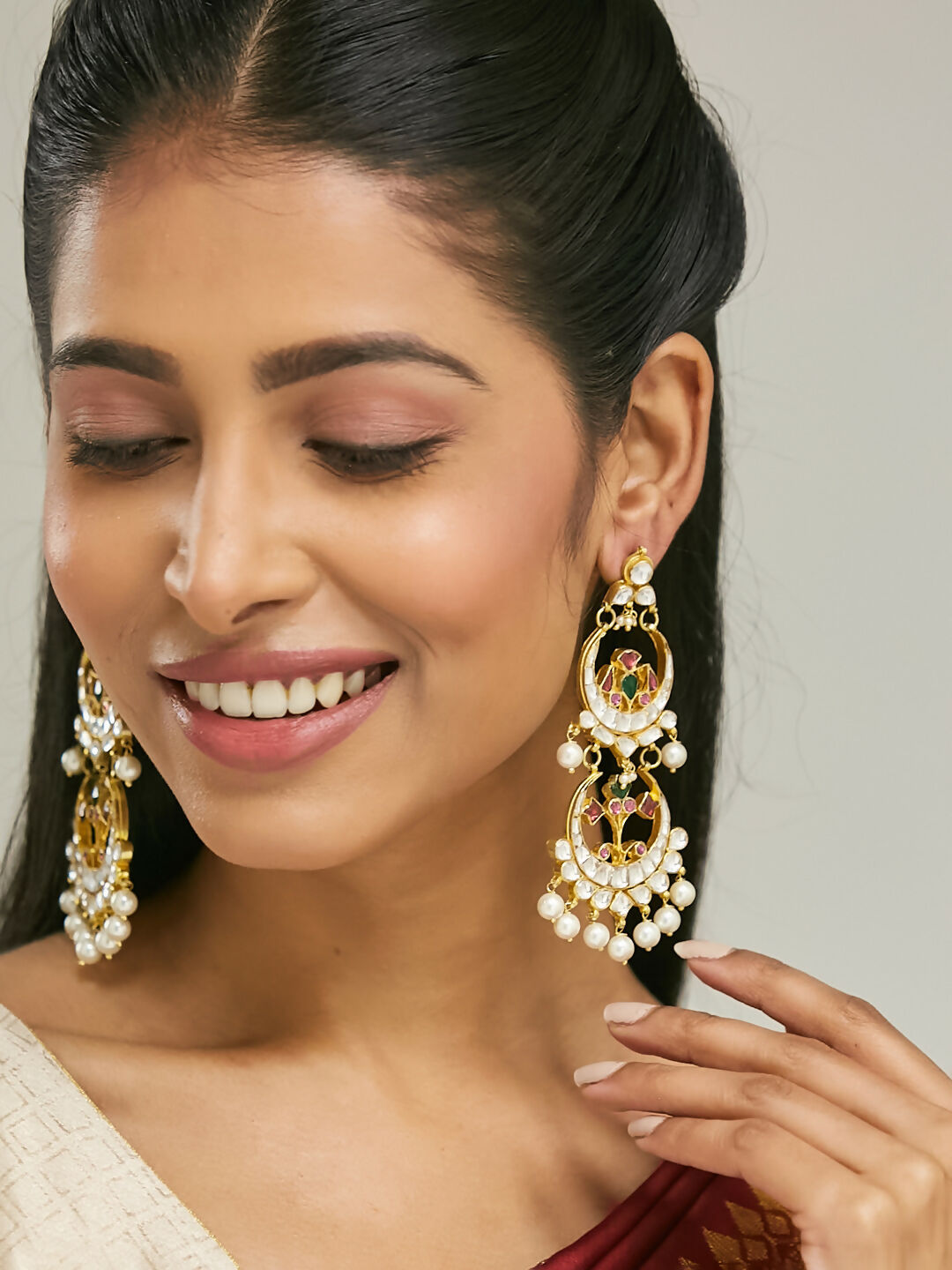 Nuyug 22K Gold-Plated Kundan Studded & Pearl Beaded Layered Chandbalis | Grocsy