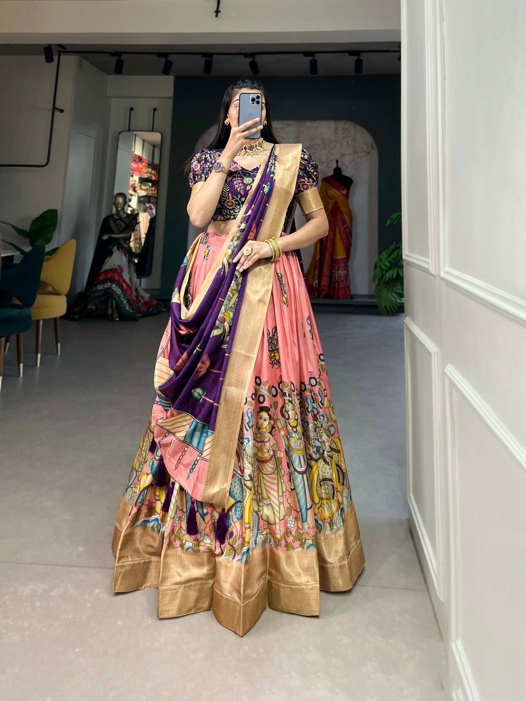 Vastranavya Kalamkari Print With Weaving Border Lehenga with Unstitched Blouse - Peach | Grocsy