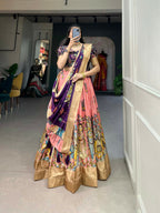 Vastranavya Kalamkari Print With Weaving Border Lehenga with Unstitched Blouse - Peach | Grocsy