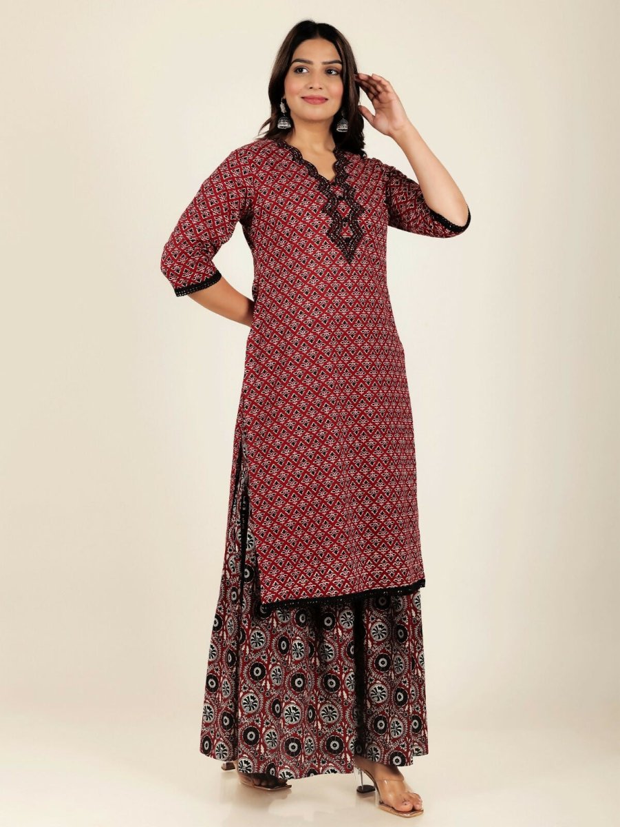 Aramya Straight Soft Cotton Geometric Print Women's Kurta Set - Red | Grocsy
