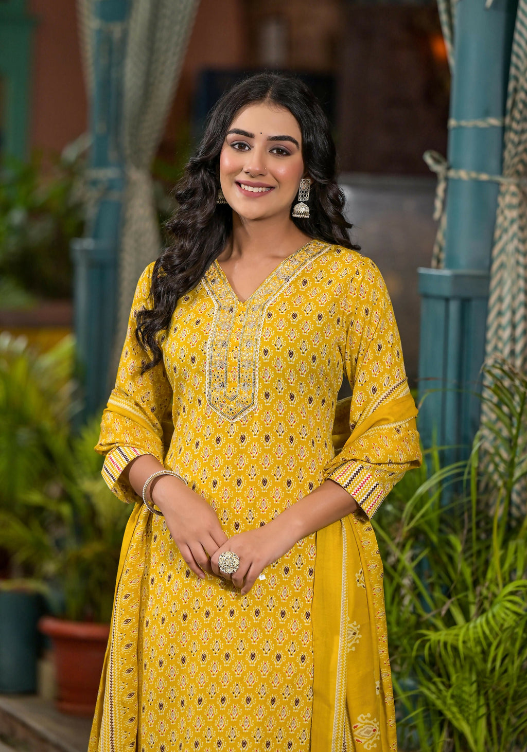 Juniper Women's Mustard Ethnic Motif Printed Cotton Kurta Pant And Dupatta Set With Mirror work & Sequins | Grocsy